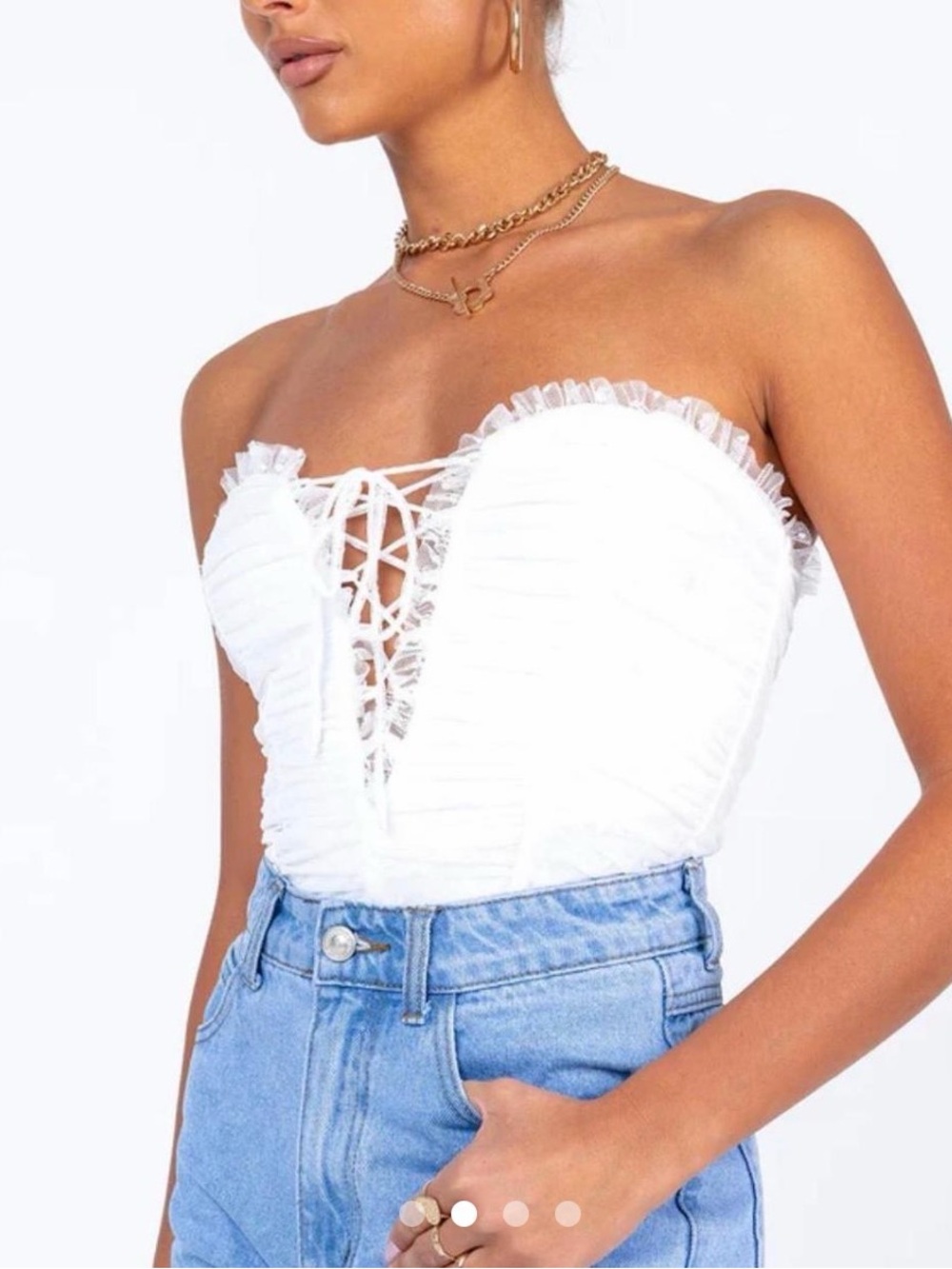 Princess Polly Elysia White Strapless Lace-Up Ruffle Bustier Bodysuit size 4